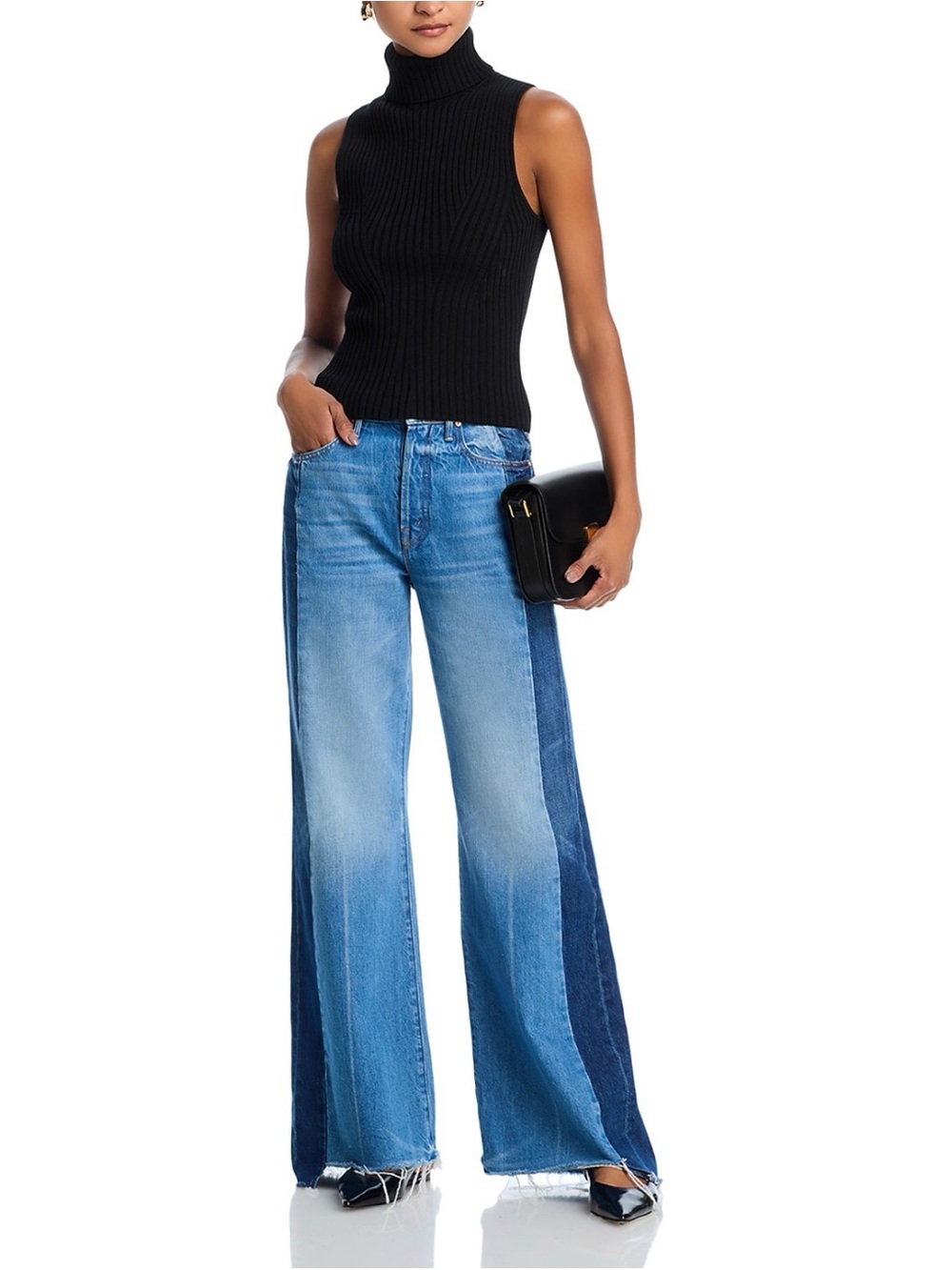 MOTHER the Tuxedo sidestepper sneak fray high rise wide leg jeans double stacked - Picture 3 of 9
